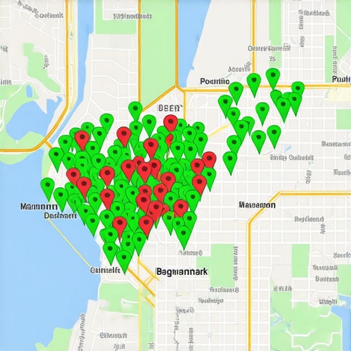 A heat map showing Google Maps ranking positions across a geographic area.