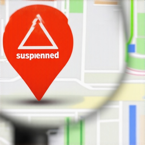 Local Listing Audit and Suspension Warning A digital map showing a business listing with a suspension warning being audited by a magnifying glass.