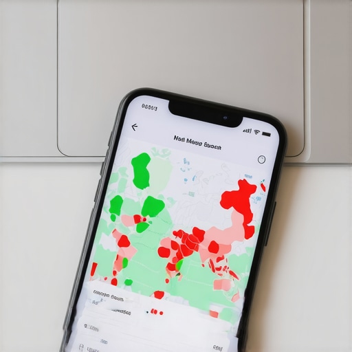 Smartphone screen displaying a local map search grid tracking tool on a wooden office desk