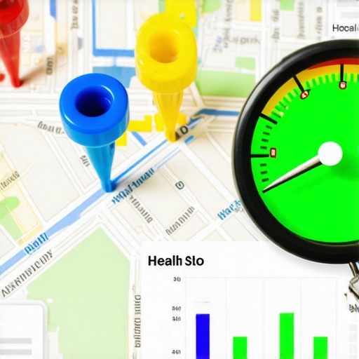 Local Map Health and SEO Performance Dashboard A digital dashboard showing a local map and health metrics for a Google business listing.