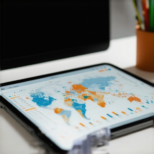 Tablet displaying local search map analytics and rising performance metrics on a clean office desk