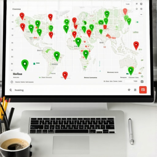 A digital screen displaying a local map with green and red ranking indicators for SEO monitoring.