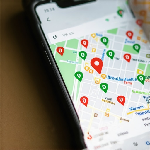 A smartphone screen showing a geo-grid local rank tracker with green and red nodes highlighting map health
