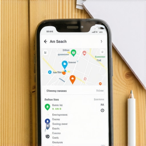 Local Map Search Results on Smartphone A smartphone showing local search pins on a map placed on an office desk.