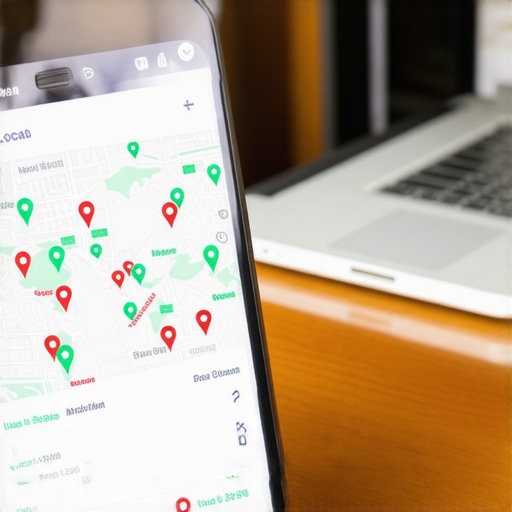 A smartphone showing a local map search ranking grid on a modern office desk.