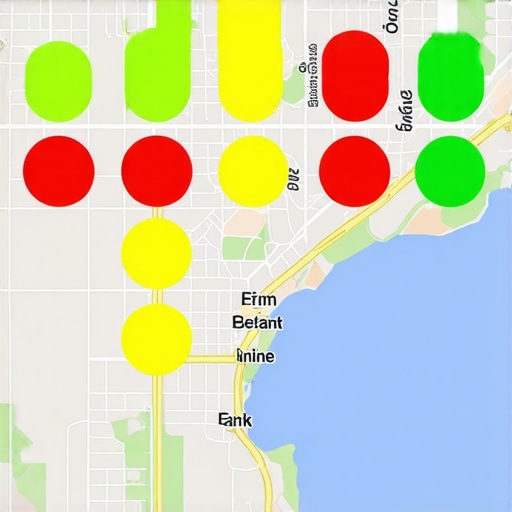 A local SEO tool showing a map grid with ranking positions for a specific keyword.
