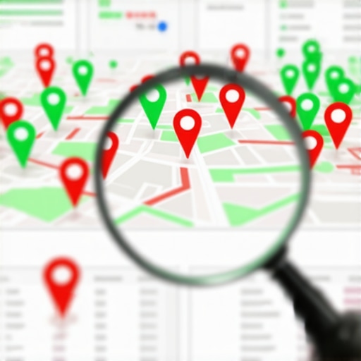 Local Ranking Health Monitoring Dashboard A digital map showing local SEO ranking markers and health metrics for a business profile.