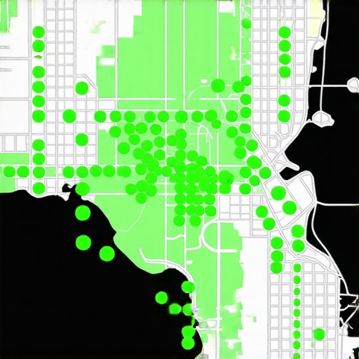 A ranking heatmap showing a business dominating the local map pack across multiple city blocks.