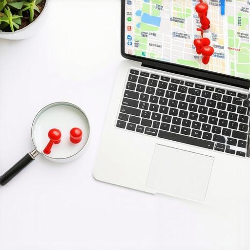 A magnifying glass focusing on a business location pin on a digital map to represent a detailed local SEO profile audit.