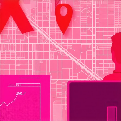 A city map with a business location error next to a falling traffic chart representing local SEO issues.