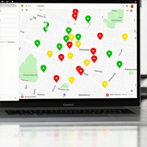 Local SEO Geo-Grid Ranking Report A map showing local search ranking density across a specific city area with various color-coded markers.
