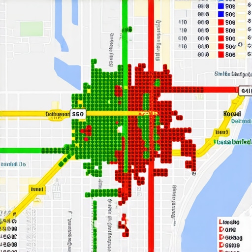 A visual geo-grid report showing Google Maps ranking positions across a specific geographic area.