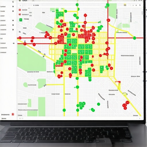A detailed geo-grid ranking map showing local search visibility across a city area.