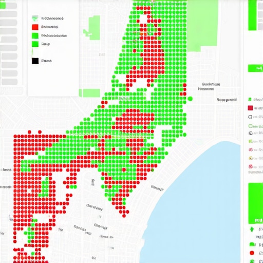 A map showing a local SEO geo-grid rank tracker with green and red dots indicating search visibility across different neighborhoods.
