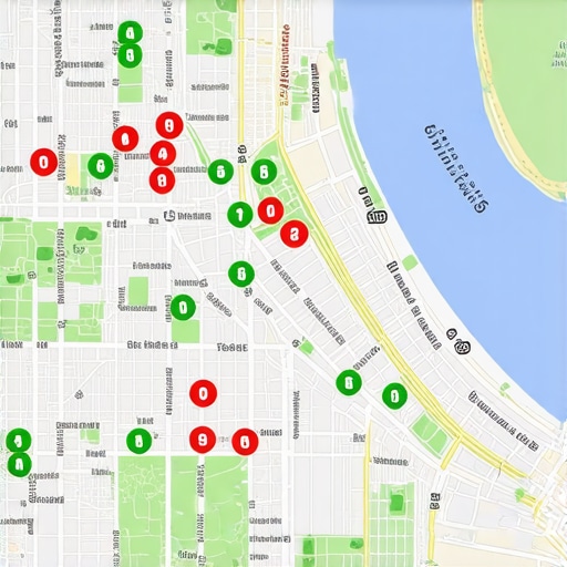 A map showing local search ranking performance across a specific city area with geo-grid data points.