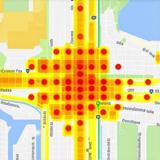 A visual representation of local search rankings using a geographic grid of green and red markers.