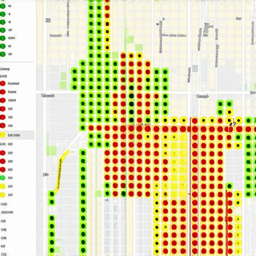 A heatmap showing Google Maps ranking positions across a local geographic area.