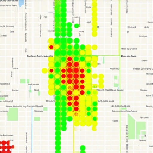 A visual heat map showing Google Maps ranking positions across a local geographic area.