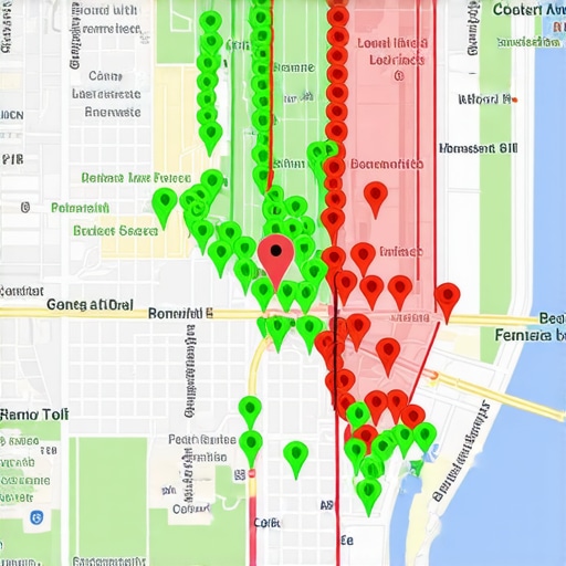 A map showing local search rankings across a geographical area using a grid of colored ranking markers.