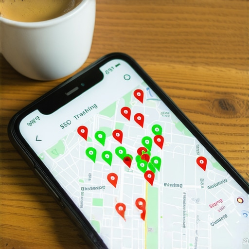A smartphone showing a local map ranking grid with green and red indicators for business visibility.