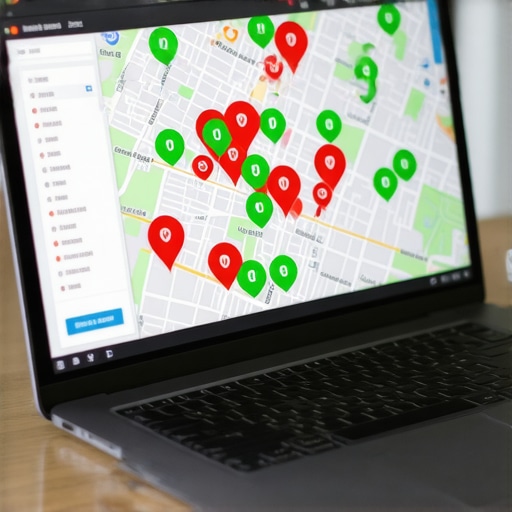 A laptop screen showing a local SEO grid map with green and red ranking indicators for a local business.