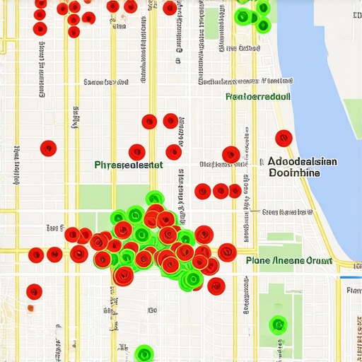 A digital map showing local SEO ranking positions across a neighborhood with green and red data points.