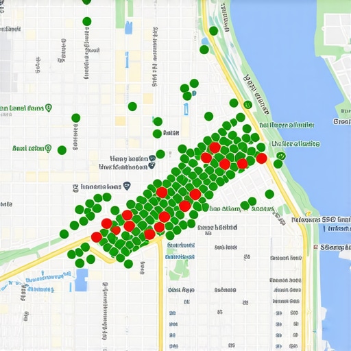 Local search ranking grid showing visibility performance across a city map.