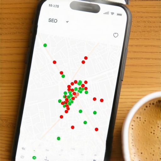 A smartphone showing a local search ranking grid with green and red dots indicating map visibility.