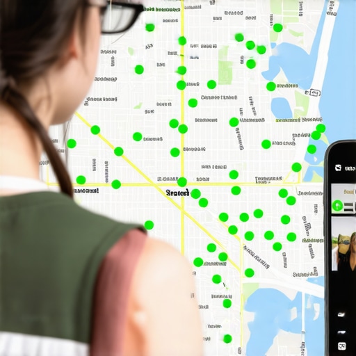 A city map with ranking grid dots and a person managing a business profile on a smartphone.