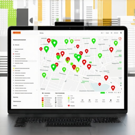 A laptop displaying a local SEO heat map used for monitoring map health across different neighborhood coordinates.
