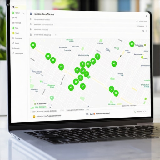 A laptop displaying a local SEO tool with a green grid overlay on a city map showing number one rankings.