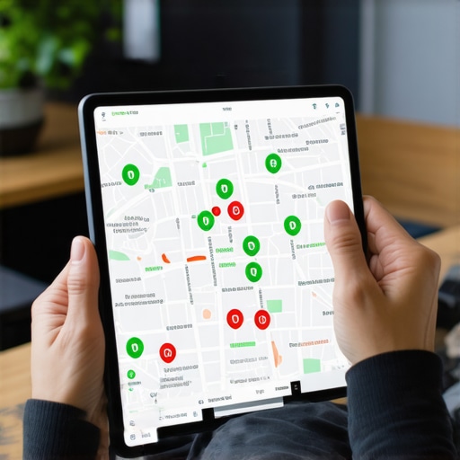 Local SEO Heat Map Analysis A person analyzing a local search ranking heat map on a tablet to identify map health issues.