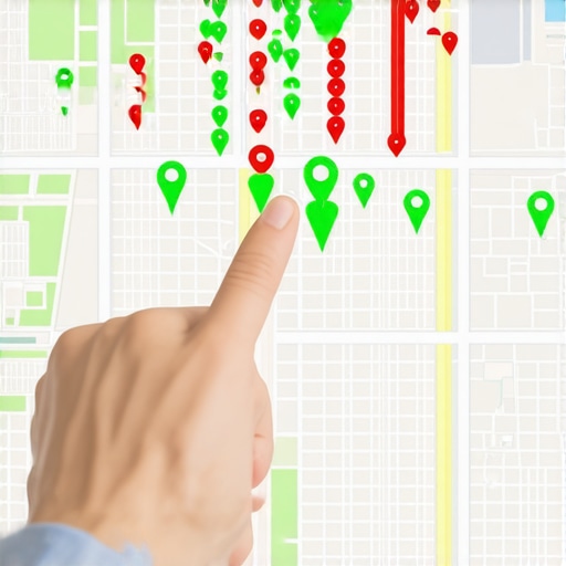 A digital heatmap showing local ranking pins on a city map for SEO maintenance.