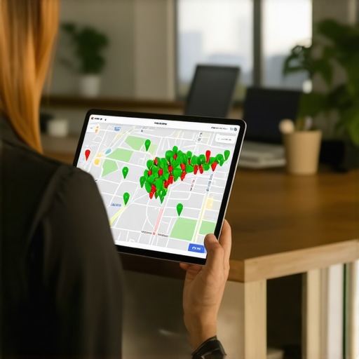 A digital heatmap showing local ranking positions across a city grid for map optimization.