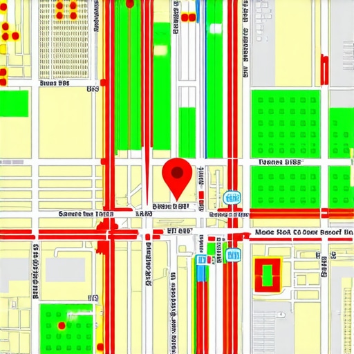 A city map with a rank tracking grid showing search visibility across different neighborhoods.
