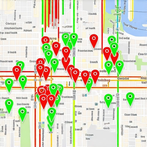 A city map with a grid of local search ranking indicators showing areas of high and low visibility.