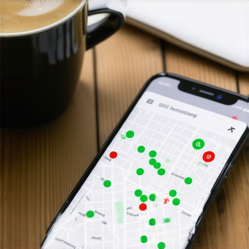 A smartphone showing a local ranking heatmap with green and red indicators for map optimization.