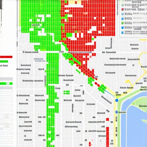 Visual representation of a local SEO heatmap showing rankings across a specific geographic service area.
