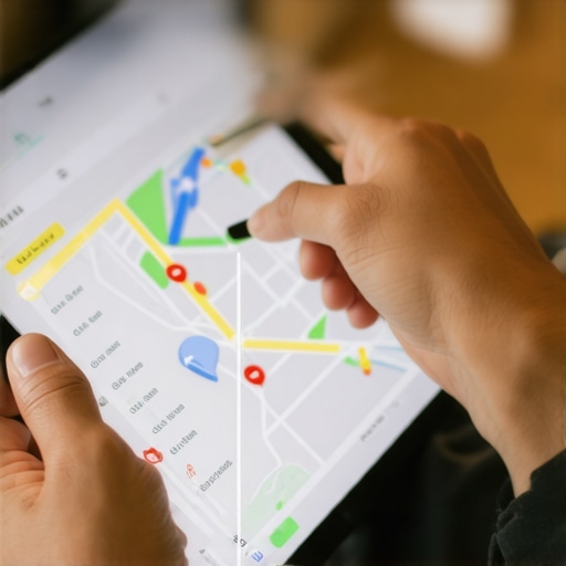 Local SEO Map Audit in Progress Close-up of a person auditing a Google Business Profile on a tablet with a checklist.