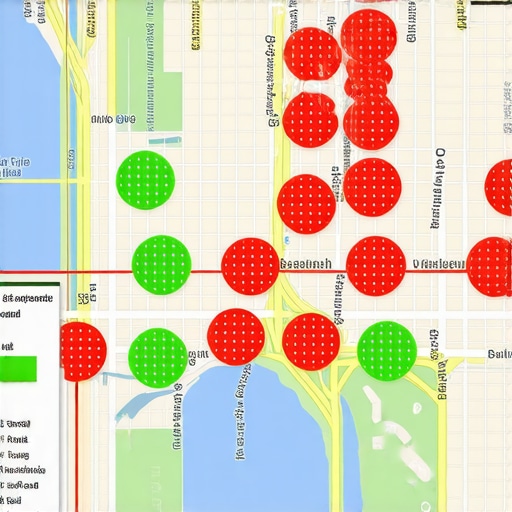 A city map showing local SEO ranking performance across different neighborhoods using a grid tracking tool.