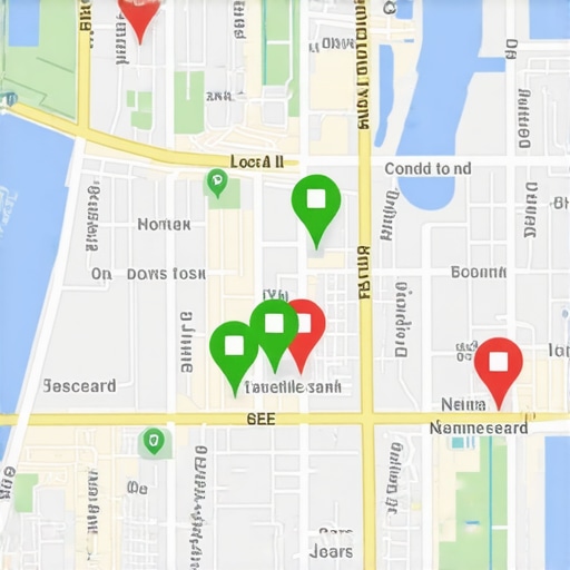 A grid tracking map showing local search rankings across different geographic points in a city.