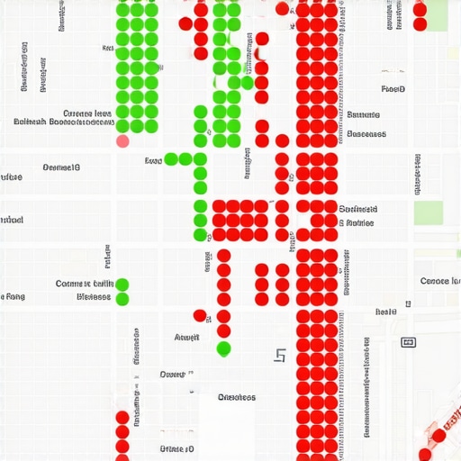 A heatmap visualization showing Google Maps ranking strength across a grid in a local area.