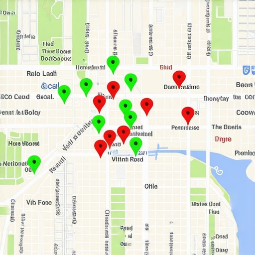 A detailed local SEO rank tracking grid showing business visibility across a city map.