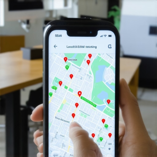 A smartphone showing a local map SEO grid tracker with ranking positions for a local business.