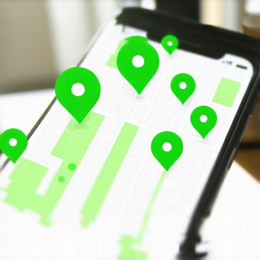 A smartphone displaying a local SEO rank grid with green indicators for high visibility.