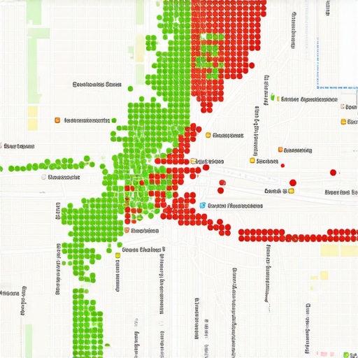 A geographic search grid showing rankings for a local business across multiple map coordinates.