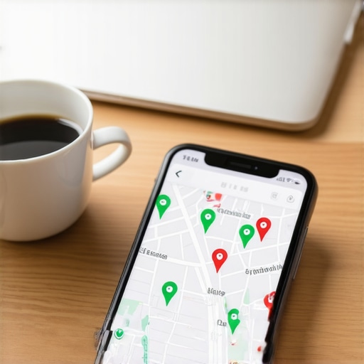 A smartphone showing a local search ranking grid with green and red indicators for map visibility.