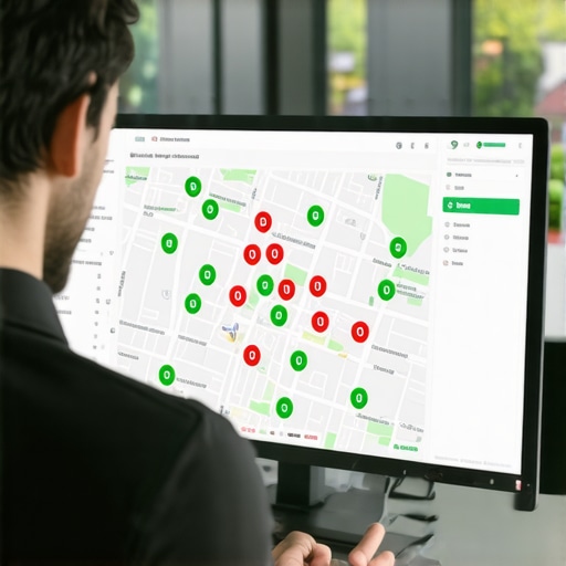 A service business owner checking map health and local ranking grid data on a computer.