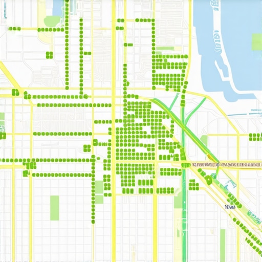 A digital map showing local ranking distribution across a city with green markers representing top positions.