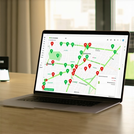 A laptop displaying a local SEO heat map showing business visibility across a city grid for map optimization.